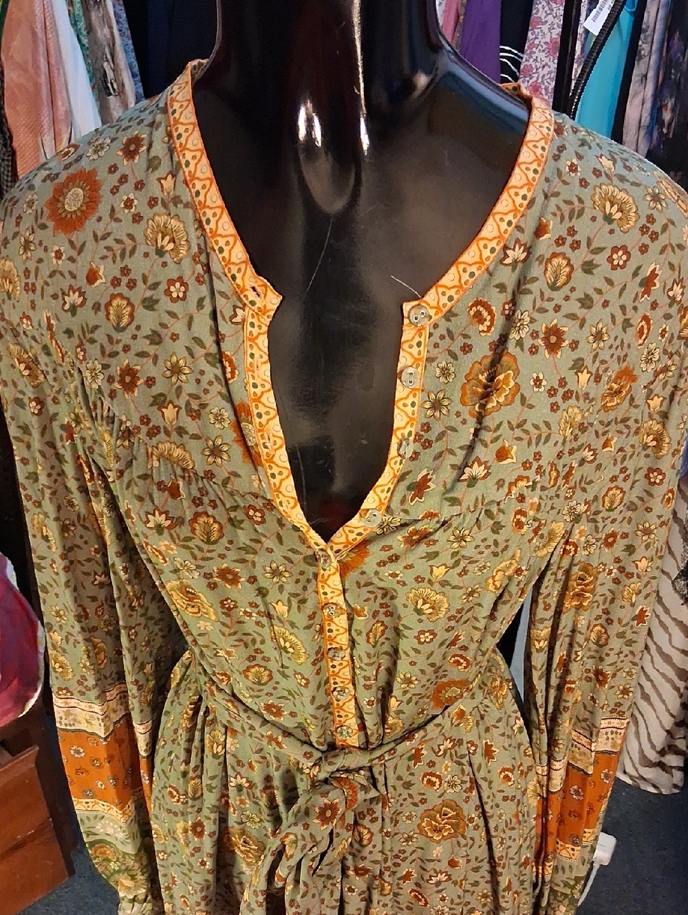 Spell Olive & Rust Floral Tie-Waist Viscose Midi Dress - Picture 6 of 8